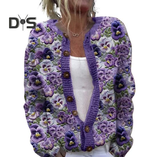 

Женский свитер кардиган с круглым вырезом и длинным рукавом с 3D-цветочным узором на пуговицах трикотажная куртка утолщенная теплая осенне-зимняя топы XXL фиолетовый