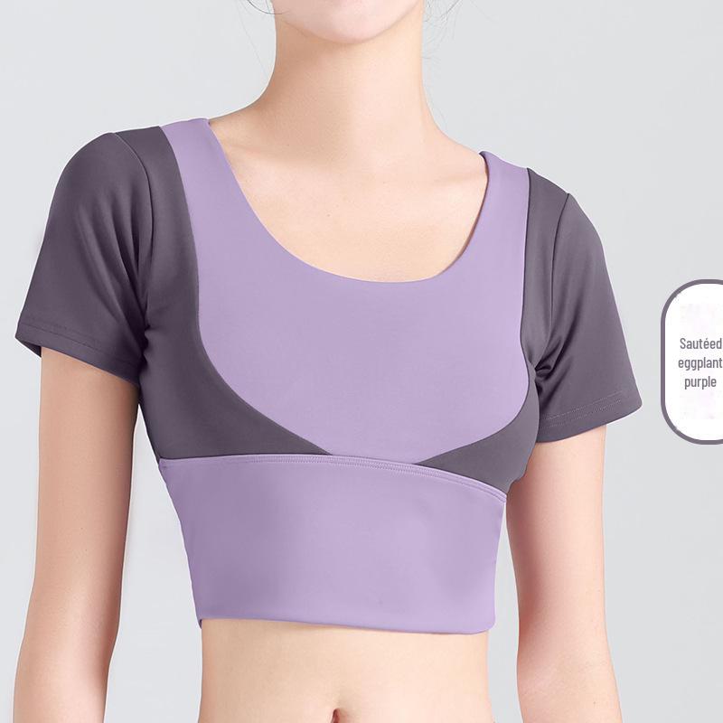 Juyitang Women's Short-Sleeve Color Match Yoga Top, Bra-Free, Navel-Baring Fitness Wear