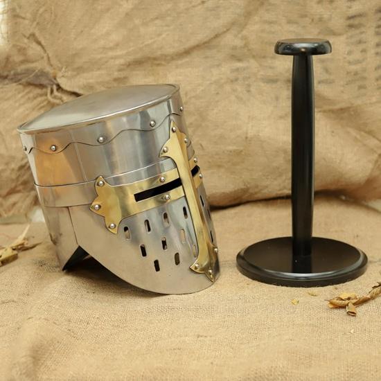 Handmade Crusader Great Helm Steel Knight Helmet with Brass Cross