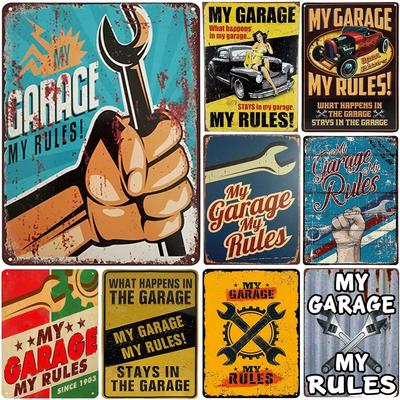 Vintage Metallblechschilder Mein Garage Meine Regeln Retro Wanddeko Plakette für Spielzimmer Café Garage Club Bar Pubs Eisenmalerei D