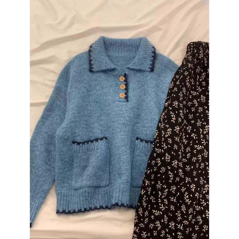

Japan fashion Sweet Contrast Color Lace Polo Collar Knit 2024 Autumn clothes New Lazy Casual All-matching Vintage sweater Blue L