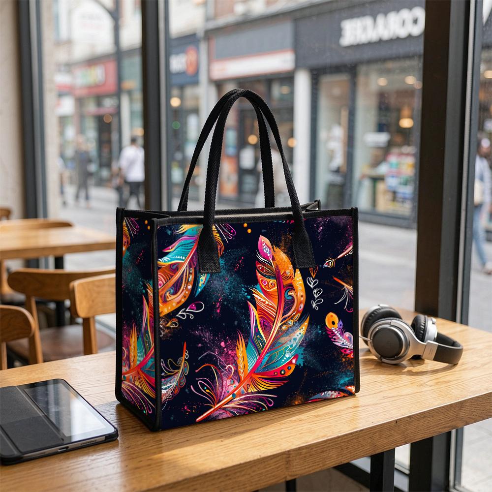 Bohemian Colorful Feather Printed Large Tote Bag for Women Portable Daily Casual Shopping Shoulder Handbag