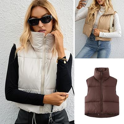 Weste mit Stehkragen und Kordelzug für Damen, ärmellos, leichte, wattierte Jacke, kurzer warmer Mantel, Pufferjacke für Damen