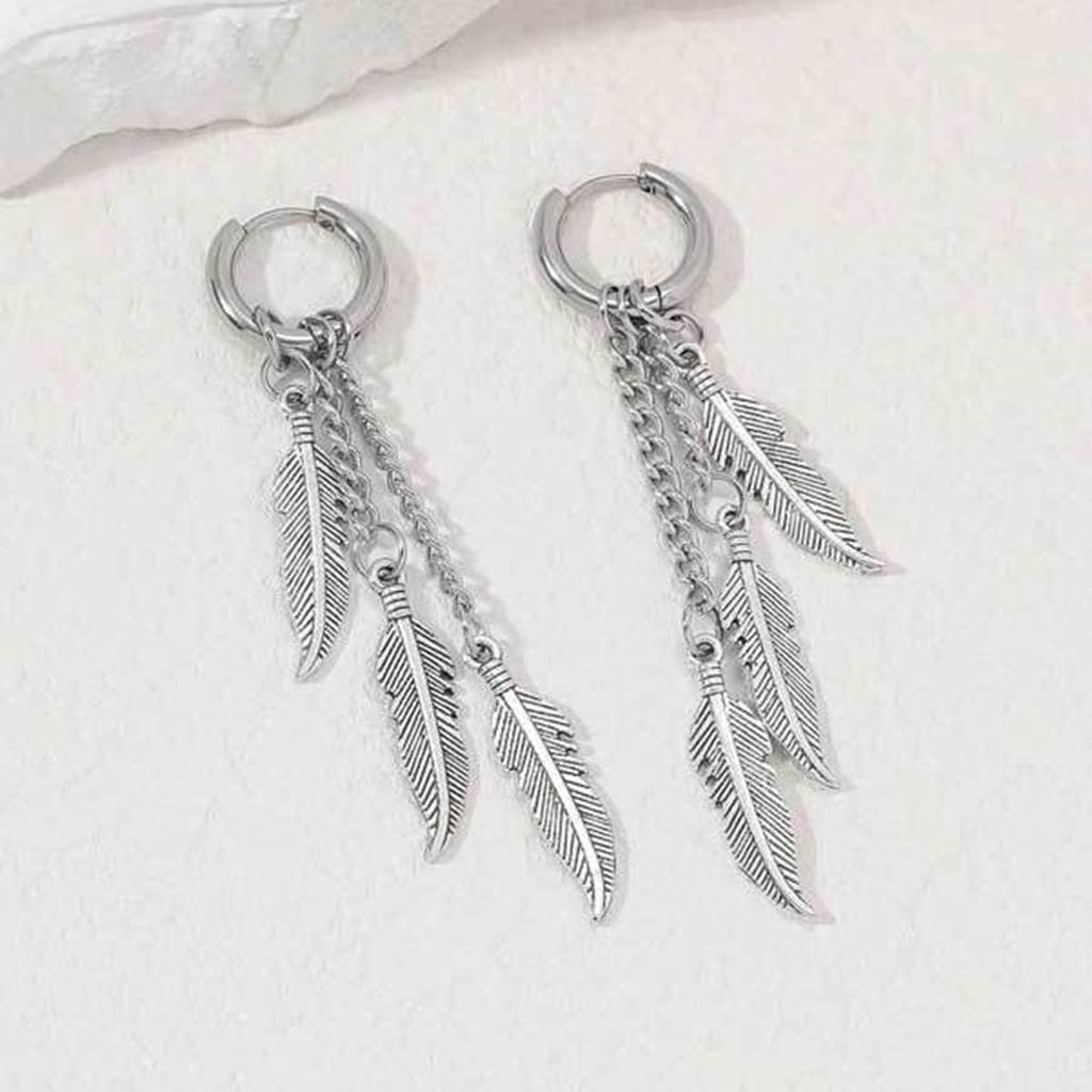 2pc Punk Colored Stainless Steel Feather Earrings, Leaf Chain Earrings, Long Earrings, Suitable For Women's Gatherings