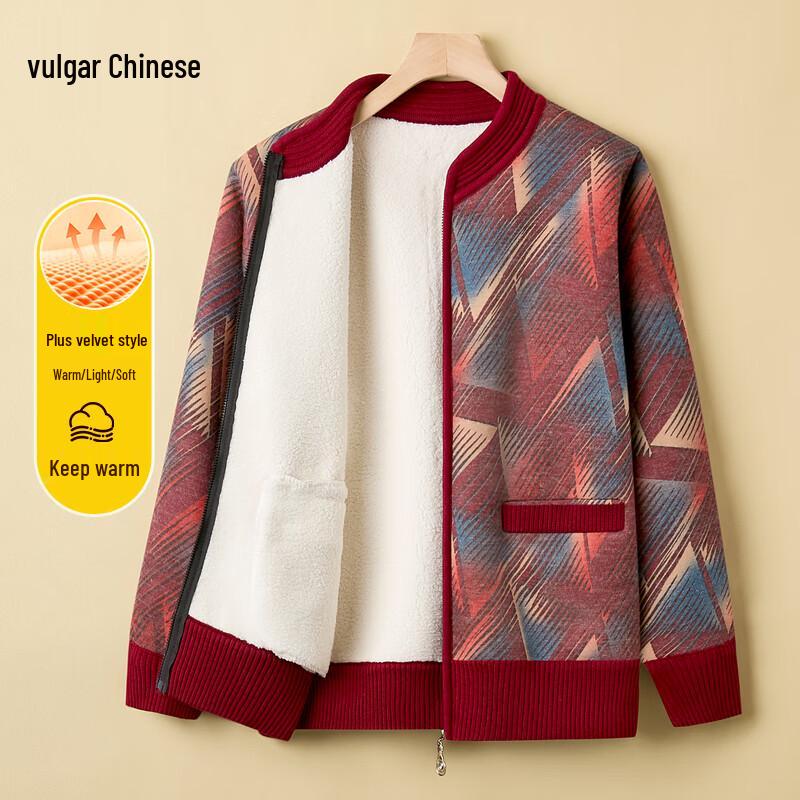 

Elderly Women s Fleece-Lined Lapel Knit Cardigan 4XL