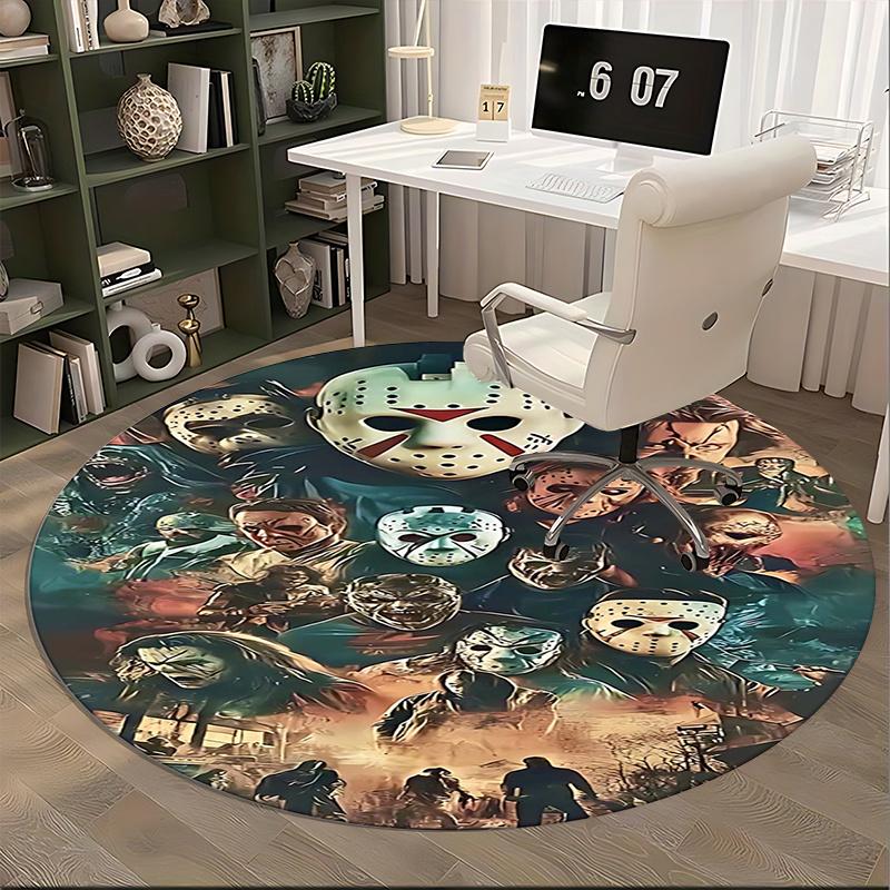 Horror Movie Characters,Halloween Mask Print Chair Mat Round Rug Office Carpet, Machine Washable, Non Slip, Suitable for Living Rooms, Bedrooms