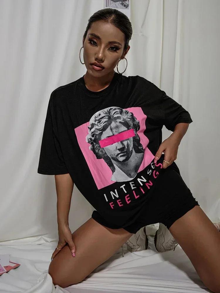 

Intense Feelings Футболки с заниженными плечами Женские свободные высококачественные уличные топы в стиле хип-хоп Y2k Большие топы Футболки унисекс 3XL