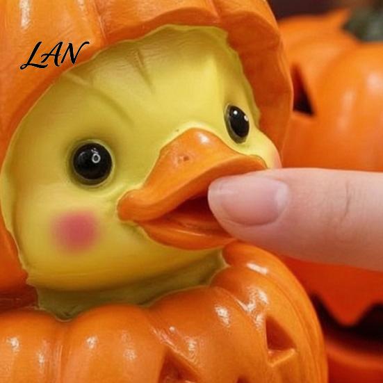 Small Healing Handicrafts Halloween Pumpkin Duck Ornament, Resin Stacked Yellow Mini Cartoon Figurine for Home Figurines, Cute Desktop Decor