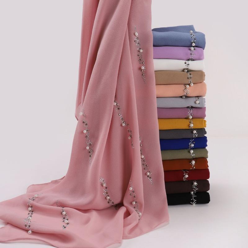 Chiffon Long Scarf With Rhinestones Beads Ethnic Headscarf For Women