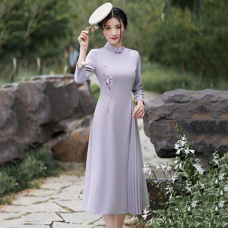 Purple Embroidered Dress With Mandarin Collar Retro Long Sleeve Midi Women Medium