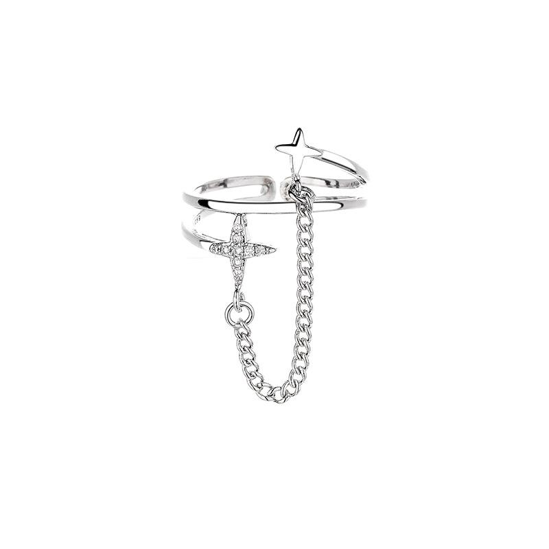 PANJBJ 925 Sterling Silver Four-pointed Star Shining Zircon Ring High-end Personalized Opening Adjustable Jewelry