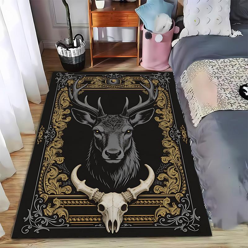 "Black Carpet with Stag and Skull Design, Vintage Gold Accents" Suitable for Use As an Anti-slip for Living Room Bedroom Sofas