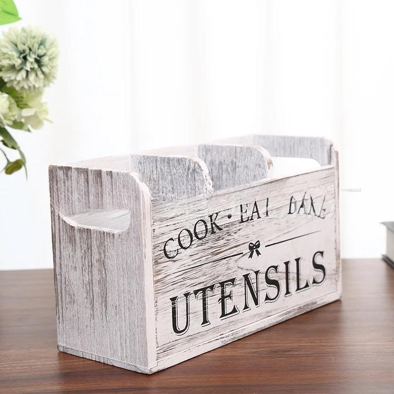 Kitchen Utensil Rack with Three Compartments Rustic Wooden Storage Box Vintage Tableware Farmhouse Dish Cabinet Forks Spoo