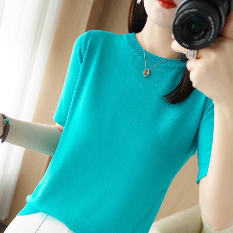 Ice Silk Round Neck Sweater Short-sleeved Women's Summer New Simple Versatile Top Fashionable and Atmospheric T-shirt