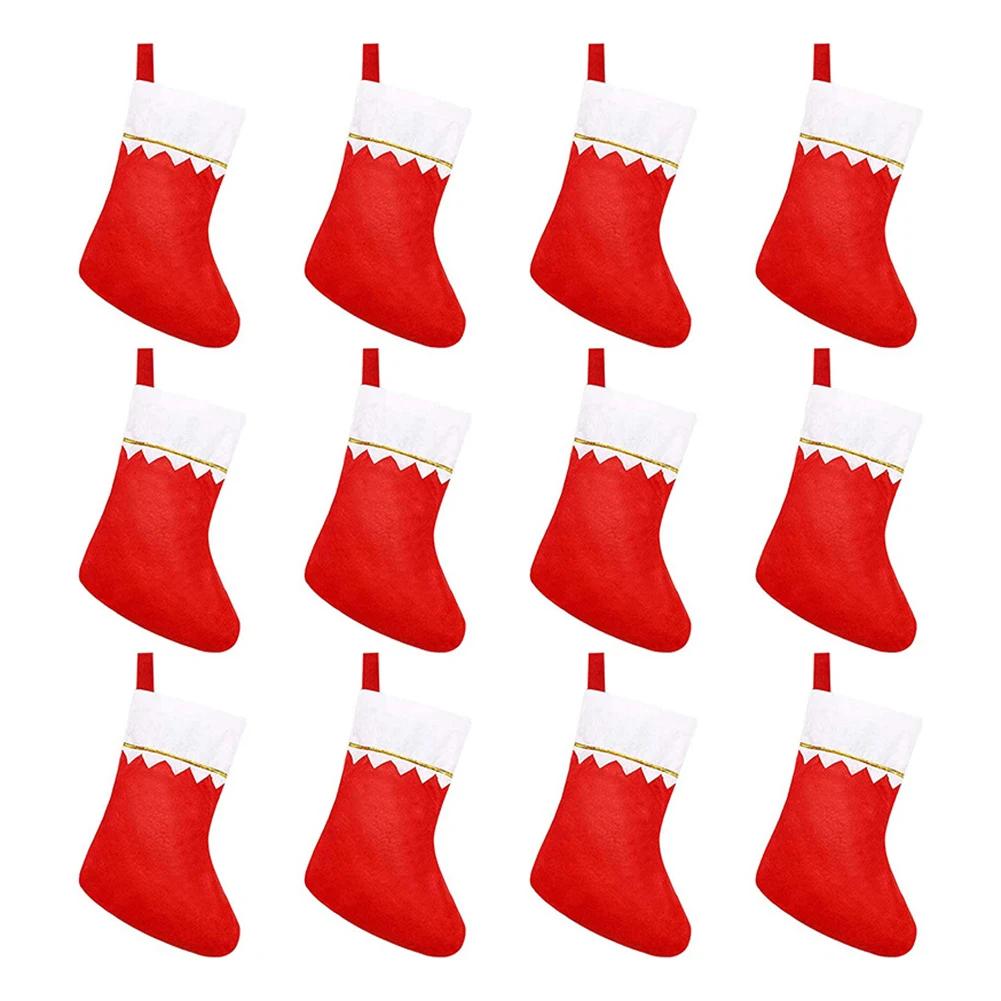 

12 шт. Рождественские чулки с белыми манжетами Маленькие красные белые чулки Нетканые Подвесные Рождественские Мешочки для конфет для украшения рождественской елки