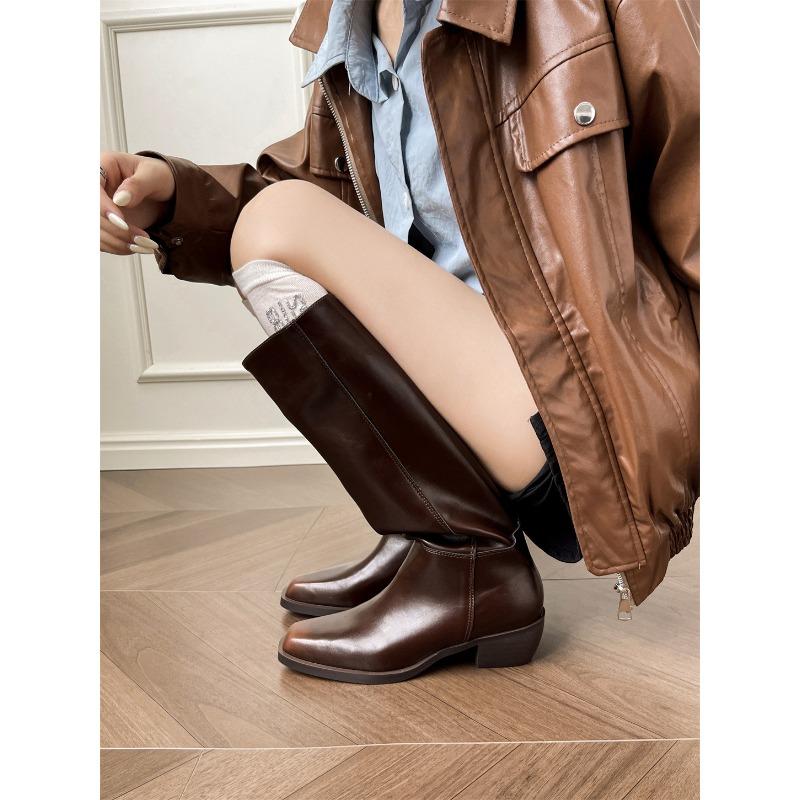 Square head thick heel high boots knight boots women's autumn and winter thick sole thick legs thin wide tube boots