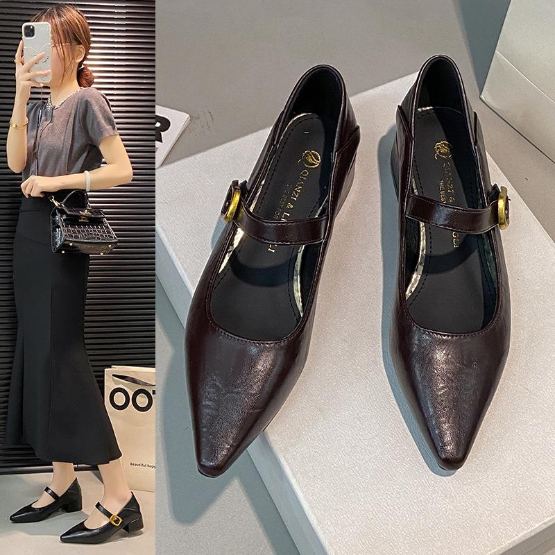 High-end pointed leather single shoes women's autumn new Korean version French gentle fairy temperament high-heeled Mary Jane shoes