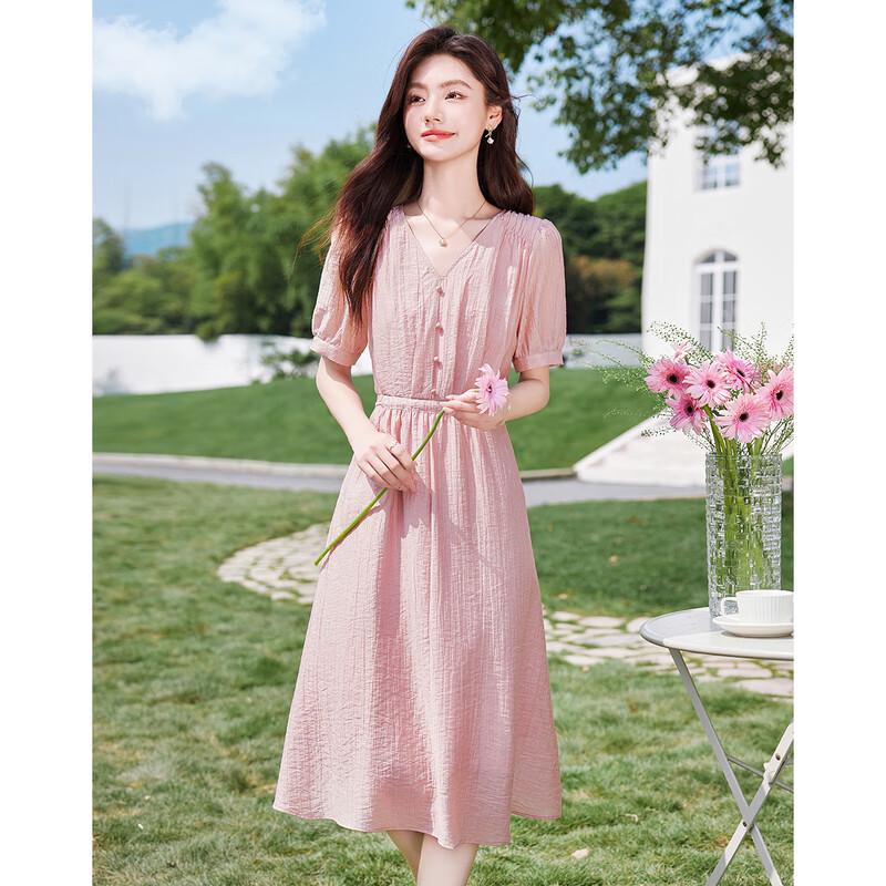 Women's Pink V-Neck Puff Sleeve Midi Dress