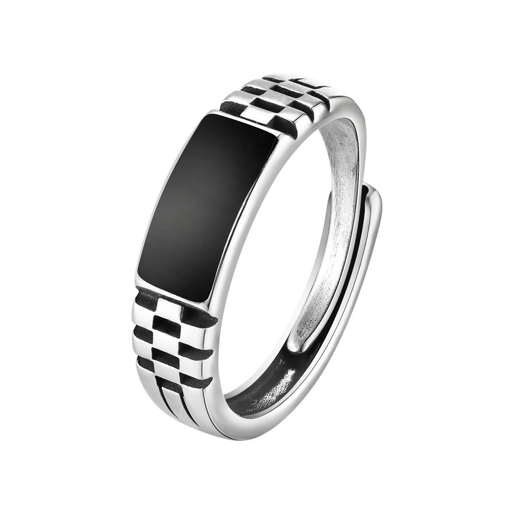 Black Rectangle Ring for Men Boys,Classic Square Ring Metal Ring Chessboard Ring,Casual Gifts for Him