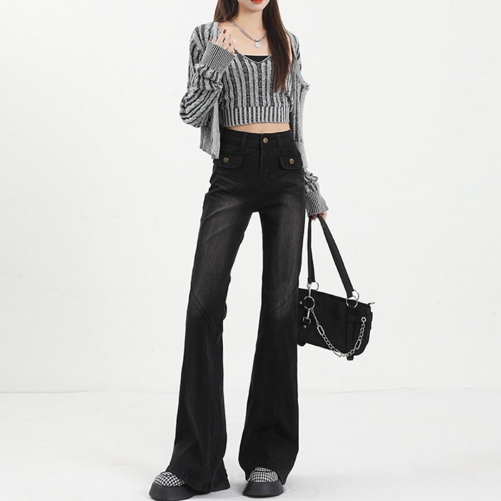 Autumn and Winter American Retro Horn Jeans Women's Clothing Tall Extended Horseshoe European and American Vibe Micro-pull Pants