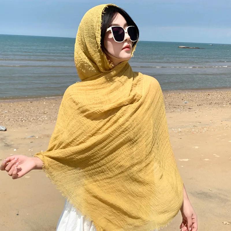 Écharpe Unie Beige et Lin pour Femmes en Été, Version Coréenne Fine, Longue et Polyvalente, Écharpe Châle Protection Solaire beige