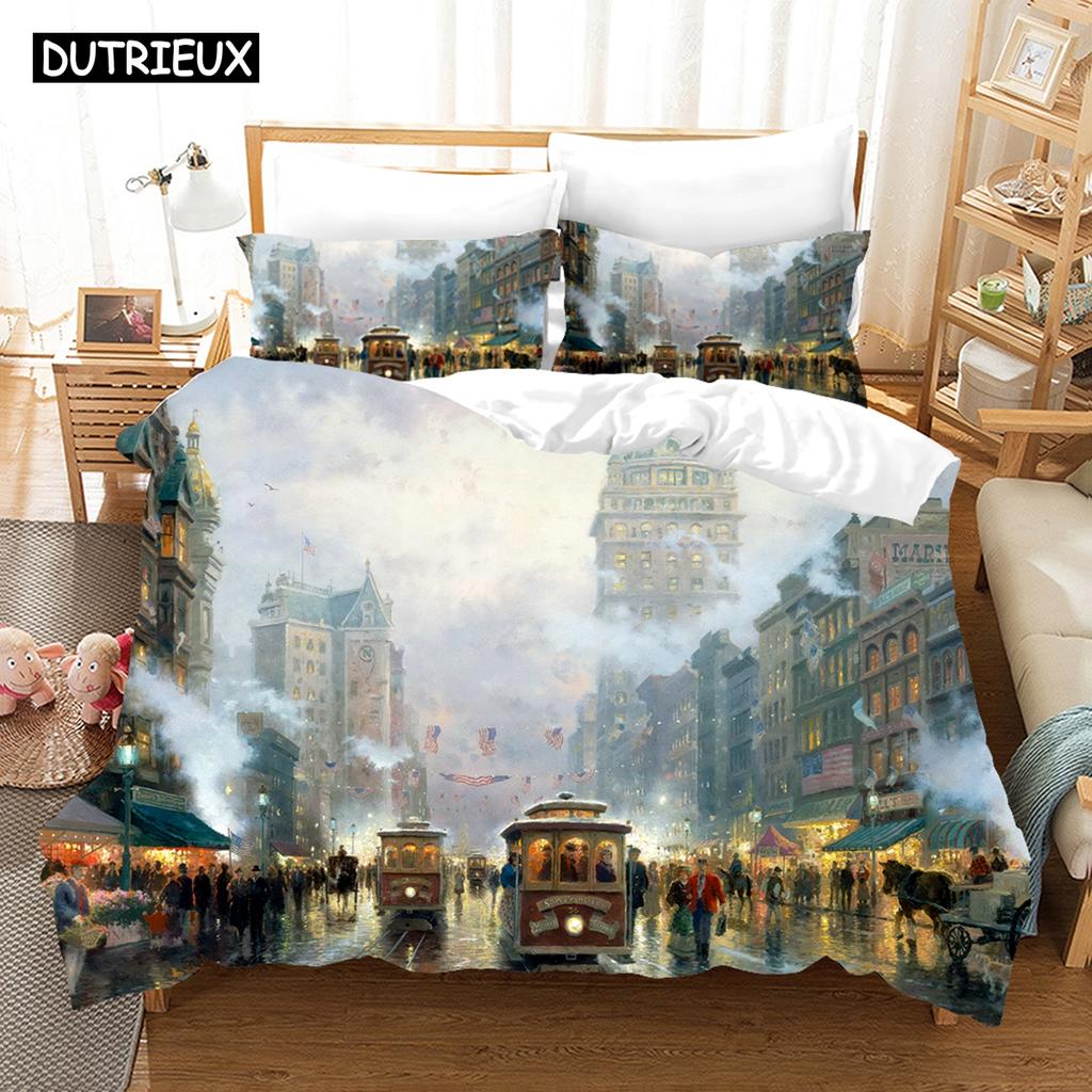 Fantasy Oil Painting Bedding Set House Bridge Scenery Duvet Cover Set Bedroom Bed Bedclothes Decor Luxury Gift Queen King Size