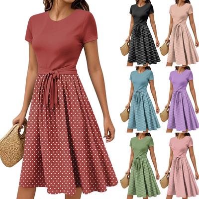 Women's Casual Fashion Belted Vintage Printed Short Sleeve Round Neck Elegant Dress
