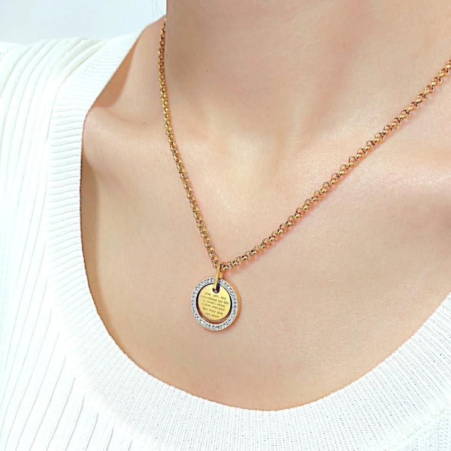 Surgical Stainless Steel CZ Diamond Medal 18K Gold Message Engraving [Galant] Necklace, Rust-Proof, Pendant, (PVD Coating), Unisex, (Gold)