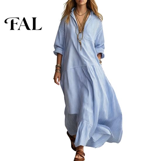 Loose Women Dress Striped Long Sleeve Dress, V-Neck Collar Maxi Shirt Fit for Summer Autumn, Breathable Casual Ladies