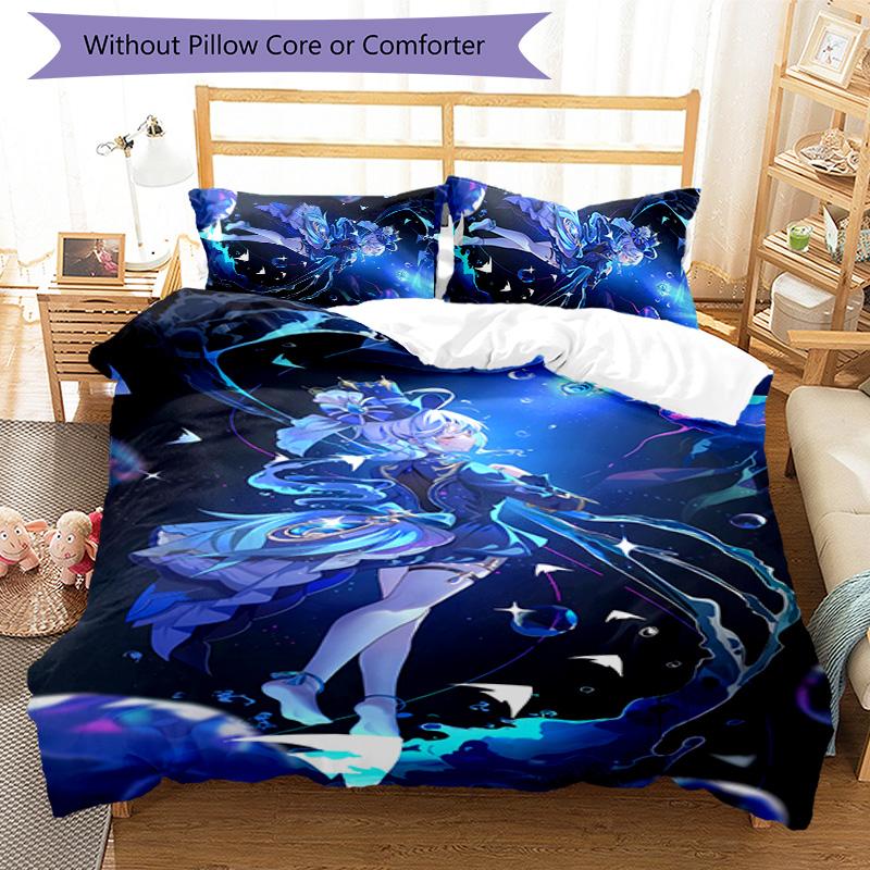 3pcs Genshin Impact Furina pattern bedding set duvet cover set includes duvet cover &pillowcases, perfect all season bedroom decoration & gift