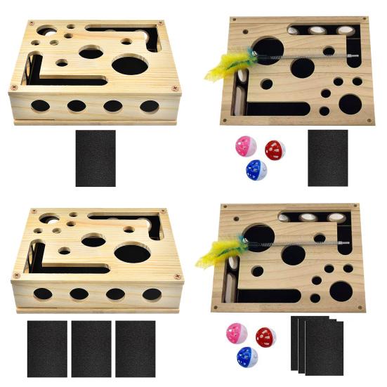 Cat Nail File Box, Wooden Cat Enrichment Box Puzzle Toy, Interactive Cat Scratcher, Nail File Toy Includes Sandpaper for Indoor