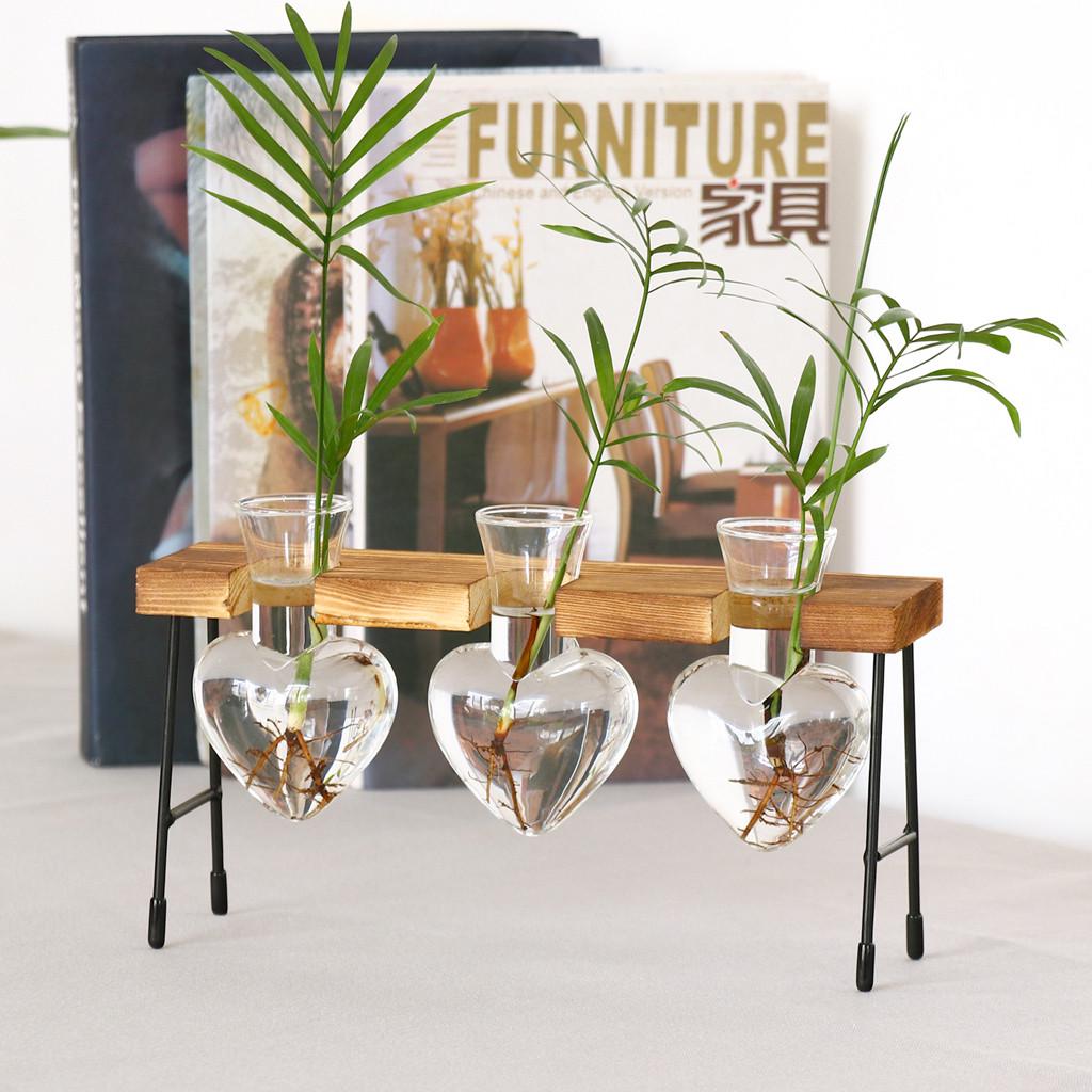 Heart Shape Glass Hydroponic Vase Flower Plant Pot Wooden Tray Desk Decoration