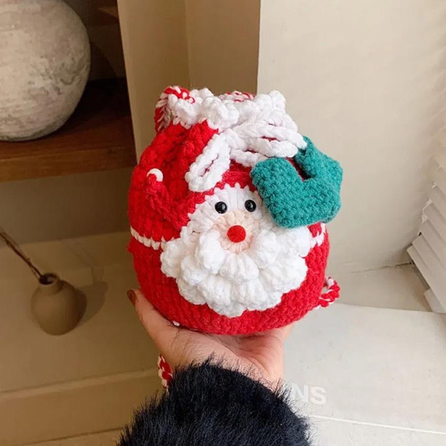 

Bow Father Christmas Bag Santa Claus Knitting Drawstring Bag Xmas Candy Bag Christmas Gift