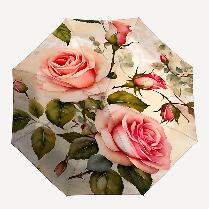 

1pc Rose Floral umbrella with 8 iron ribs and a plastic handle, automatic opening and closing, portable and foldable1095