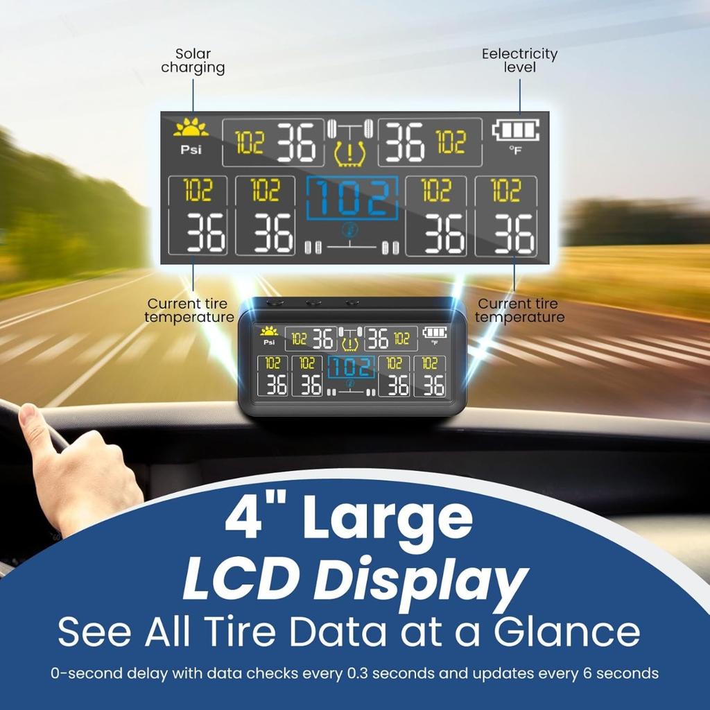 4/6 Externe Sensoren Solar TPMS Reifendruckalarm Wasserdicht Reifendruck Temperaturwarnung Digitales LCD-Display 0~9.9Bar LKW Wohnmobil