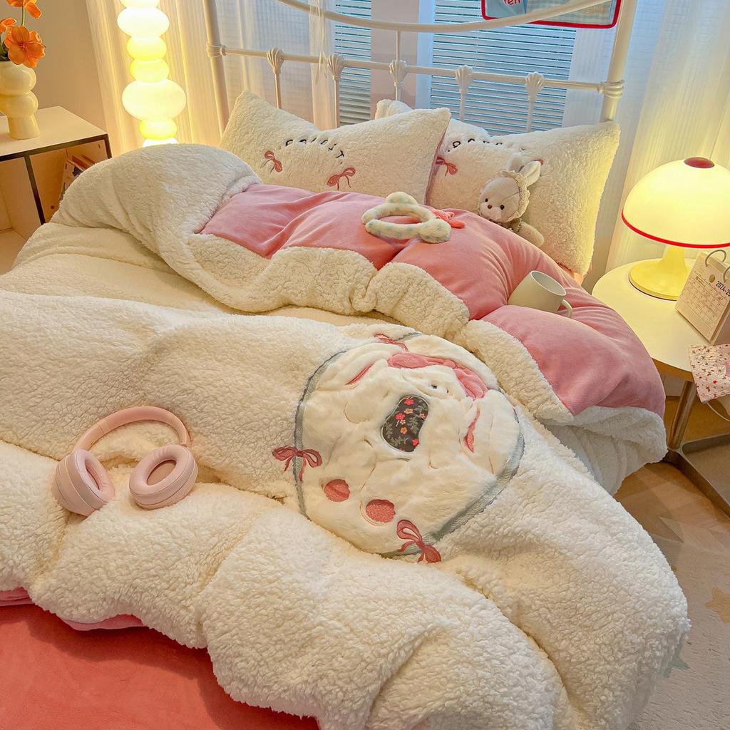 Cartoon Chenille Embroidered Lambswool Fleece Bedding Set - Duvet Cover & Bed Sheet