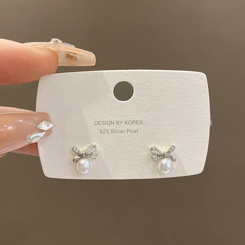 Серебряные серьги-гвоздики с цирконами в виде банта, женские, простые, с индивидуальностью, серьги с жемчугом, дизайнерские, новые серьги