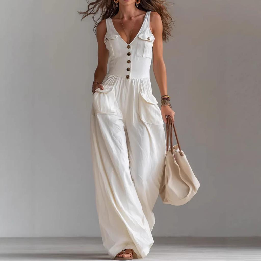 Women's Jumpsuits & Rompers - Summer Women V-neck Button Pocket Jumpsuit Casual Sleeveless Romper for Daily