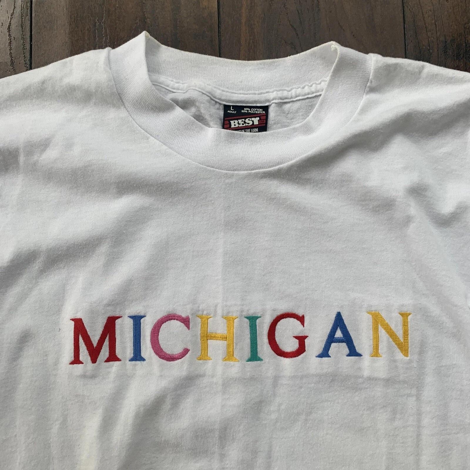 

Michigan Vintage T Shirt 90s White FOTL Single Stitch Embroidery Rap Music Cool 3XL