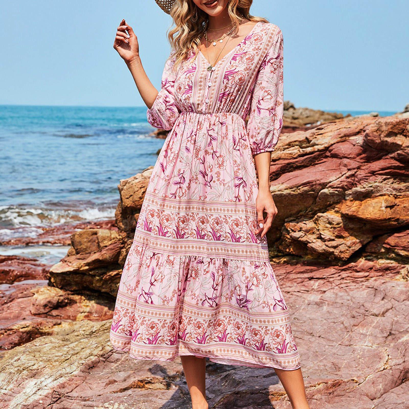 

Женский пуловер с v-образным вырезом и свободной талией, богемное повседневное свободное платье с рукавами три четверти XL розовый