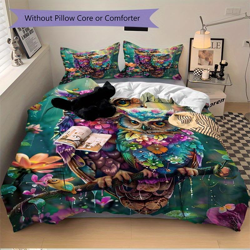 3pcs Animal-themed Floral Owls Soft and Comfortable Breathability, Bedding Set, Machine Washable, Suitable for All Seasons131