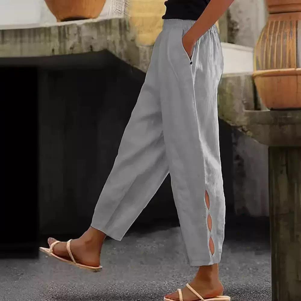 Women's Pants Cotton Linen Solid Color Fashionable Casual Daily Side Pocket Elastic Casual Pants Women's Pants