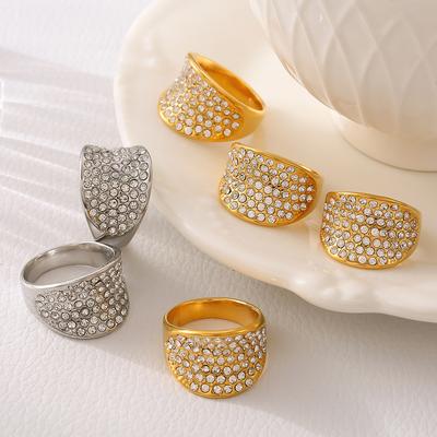 Retro Jewelry, Slightly Inlaid With Diamond Concave Titanium Steel Pvd Plated 18K Real Gold Light Luxury Index Finger Ring