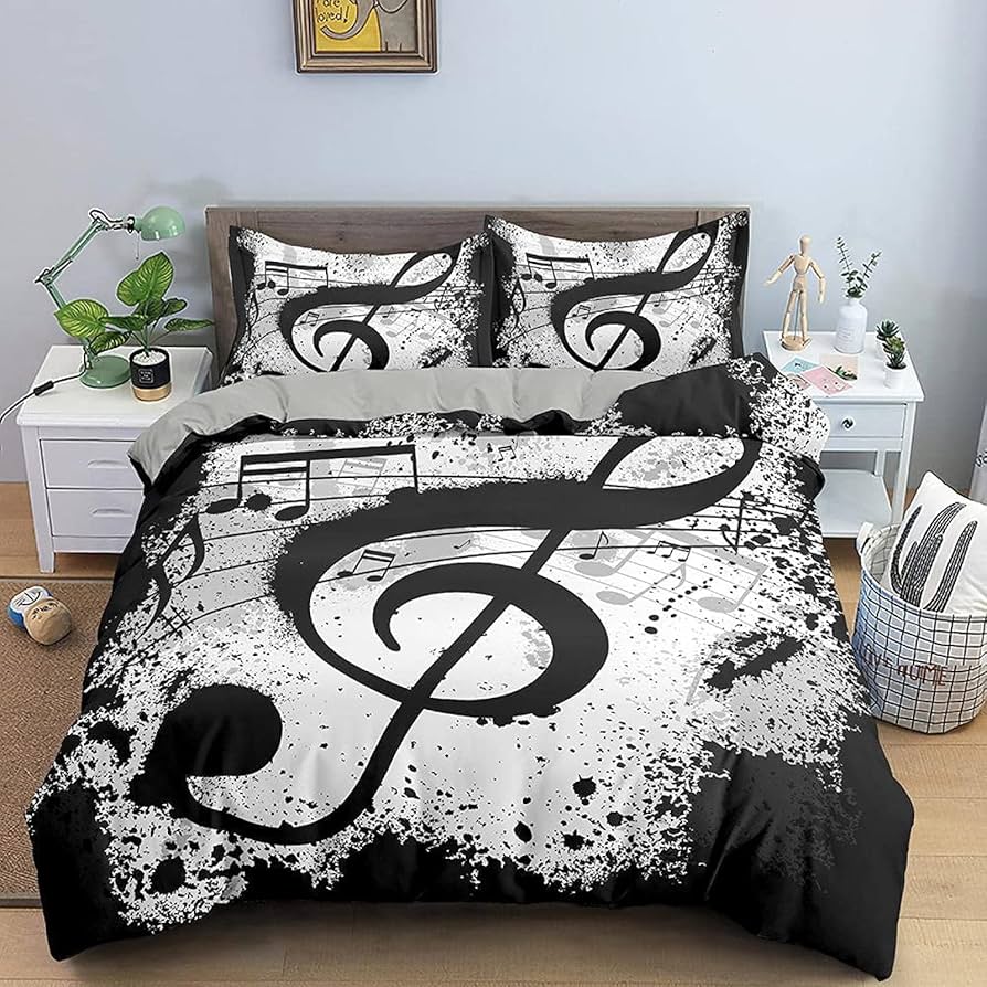 Music Notes Duvet Cover for BoysGirls Room Decor Rock Music Themed Comforter Cover Musical Pattern Bedding Set Full Queen Size