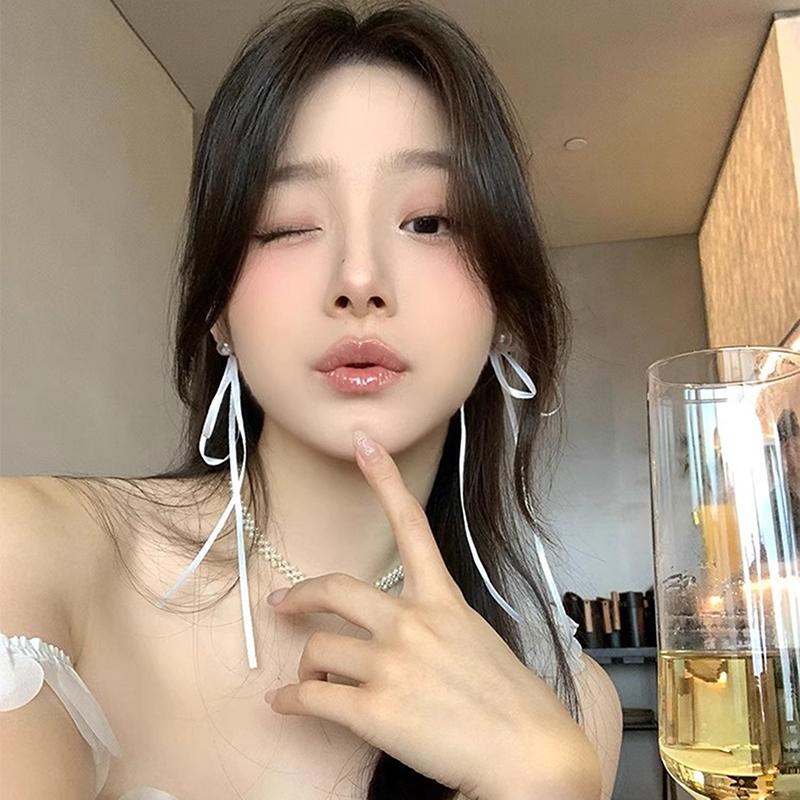 Korean Style Sweet Fresh Ribbon Bowknot Charm Stud Earrings Pearl Heart Dangle Ear Buckles For Girl Ballet Ear Jewelry