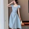French coffee break square neck short-sleeved solid color dress summer new temperament waist fold fashion splicing long skirt