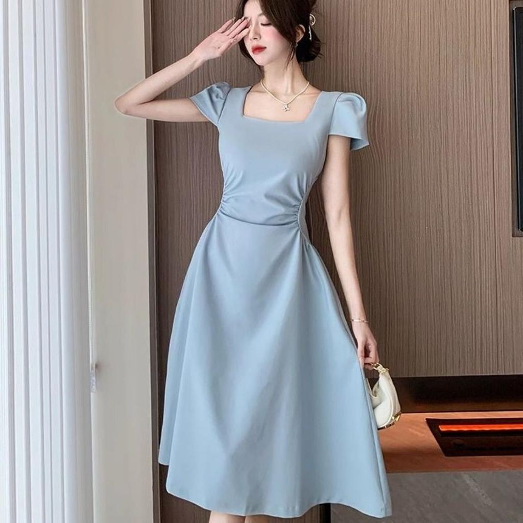 French coffee break square neck short-sleeved solid color dress summer new temperament waist fold fashion splicing long skirt