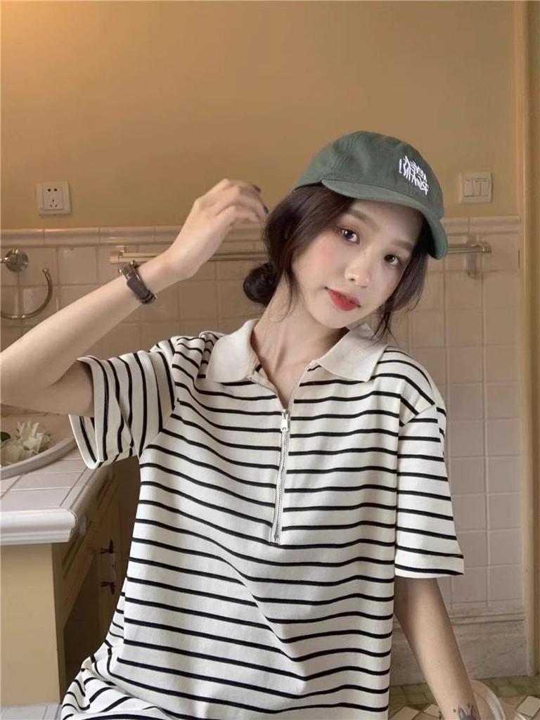 Summer 2025 Korean Sweet Sporty Striped Polo Collar Dress - Women's Short Sleeve Slimming Style