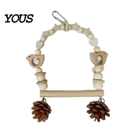 Wooden Blocks Bird Chew Toy Parrot Swing Perch, Toy, Beaded Arch Play Gym with Bells or Pine Cones, Cage Accessories for Parakeet Cockatiel