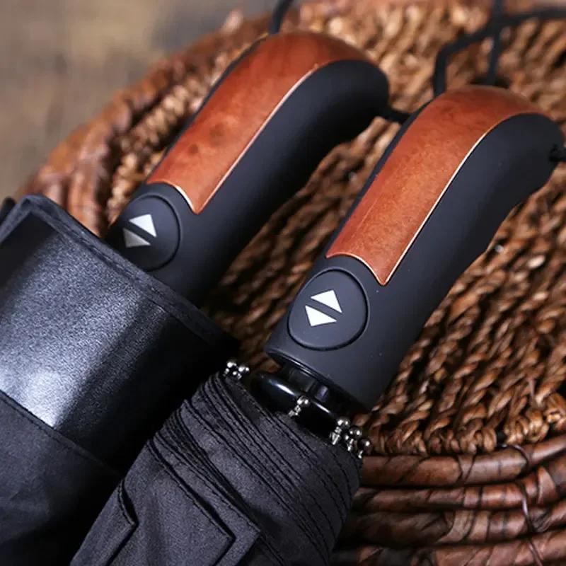 

Luxury Reverse Umbrella Men Wooden Handle Large Automatic Umbrella Windproof Strong 10 Ribs Foldable Big Rain Umbrella Golf Iron&10K